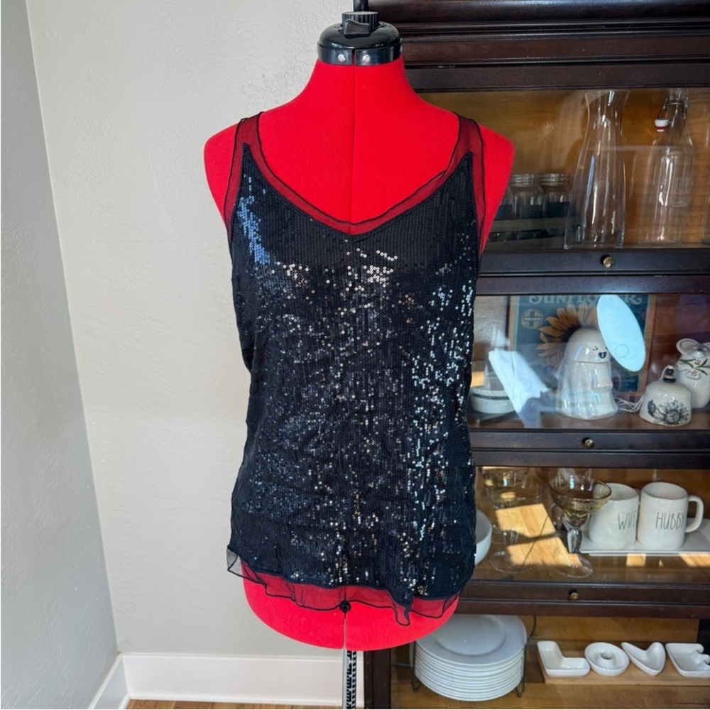 White + Warren Black Sequin Mesh Overlay Sleeveless Tank Top Size M